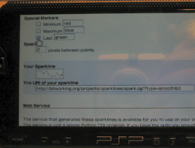 Photo of the 
   sparklines generator working on the PSP.