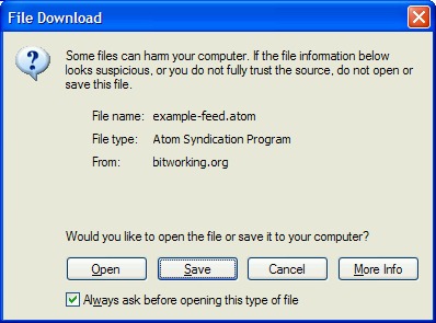 MS Internet Explorer warning box about files of certain types.
