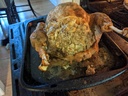 Decrease oven temperature to 400F. Add stuffing to turkey and continue to roast turkey until internal temperature reaches 160F.